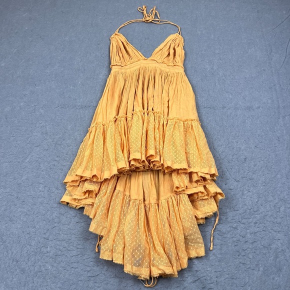 Free People Dress Women's Medium Orange Gauze 100 Degree Open Back Mini Tie Boho - Picture 1 of 9